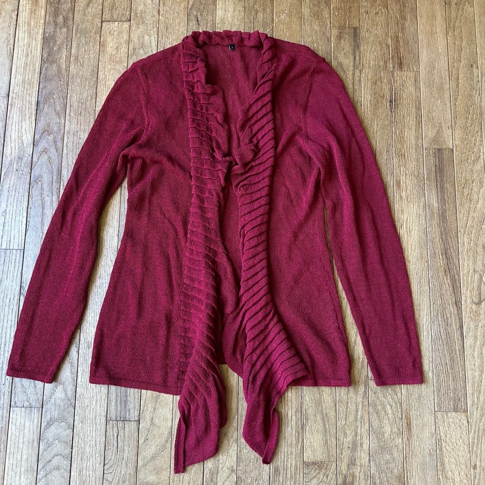 Eileen Fisher Cardigan Small Red Ruffle Front Long Sleeve‎ Knit Top Layering S